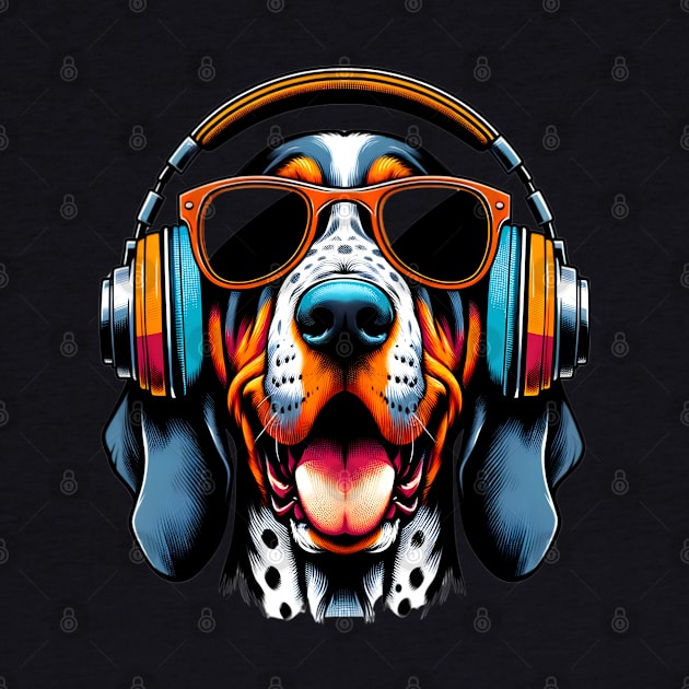 Grinning Bluetick Coonhound as Smiling DJ with Headphones by ArtRUs